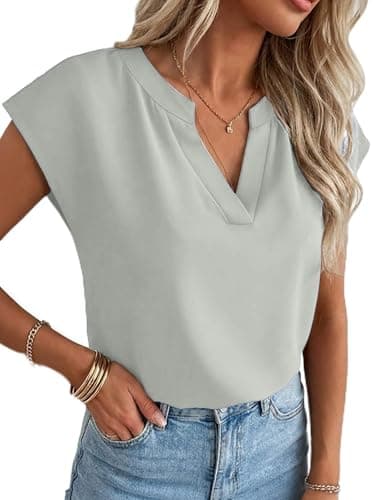 Funlingo Womens Dressy Casual Tops Short Sleeve V Neck Summer Blouses Fashion 2026 Loose Fit Work Plus Size Shirt for Business Office Grey 3XL - Image 1