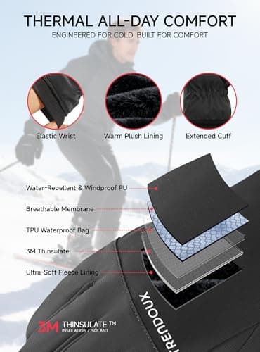TRENDOUX Men's Women's Snowboarding Snowmobile Gloves Size Large, Wind Water Proof Thinsulate Lightweight Stretchy Athletic Finger Hands Warm Gloves for Phone Texting Computer, Cozy Season Gift Unisex - Thumbnail 2