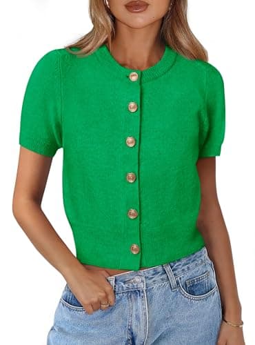 PRETTYGARDEN Womens Casual Summer Short Sleeve Cardigans 2026 Button Down Knitted Sweater Basic Crew Neck Crop Tops (Green,X-Large) - Image 1