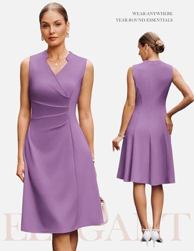 GRACE KARIN Women 2026 Summer Work Dress Sleeveless V Neck Elegant Midi Dresses A Line Ruched Waist Business Dresses Lavender Purple 2XL - Thumbnail 2