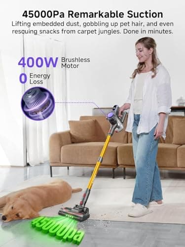 MONSGA Cordless Vacuum Cleaner, 45KPa 400W Stick Vacuum for Home, 50Mins Anti-Tangled Vacuum Cleaner with Charging Dock, Light-weighted Handheld Vacuum for Pet Hair/Carpet/Floor, LED Touch Display,MV3 - Thumbnail 2
