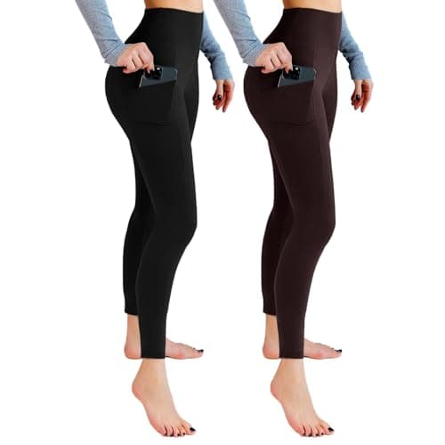 Leafigure 2 Pack Leggings with Pockets for Women, High Waisted Soft Leggings for Yoga Gym Black/Brown SM - Image 1