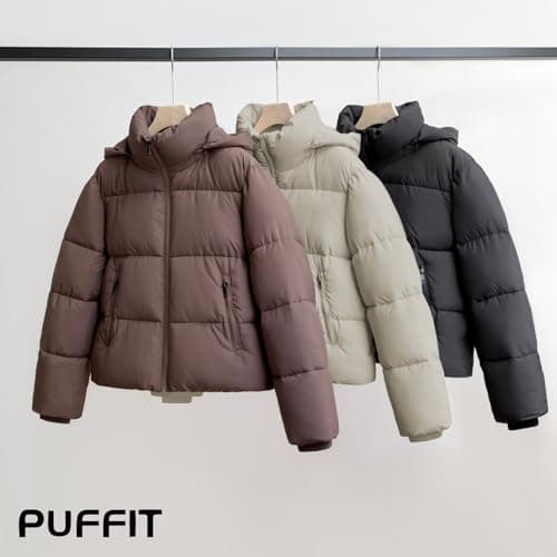 PUFFIT Women's Cropped Puffer Jackets,Warm Winter Jacket with Removable Hood,Zipped Pockets,Short Ladies Quilted Coat - Thumbnail 4