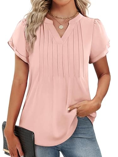 Funlingo Short Sleeve Blouses for Women Dressy Casual Spring Tops Loose Fitting V Neck Elegant Pleated Shirts for Business Work Pink S - Image 1