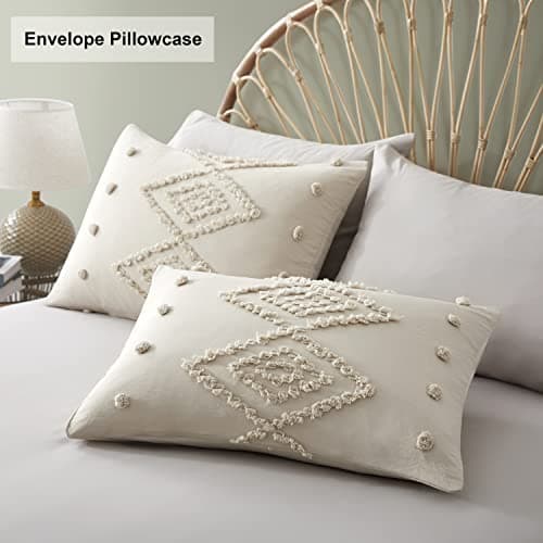 Oli Anderson Tufted Duvet Cover King Size, Soft and Lightweight Duvet Covers Set for All Seasons, 3 Pieces Boho Embroidery Shabby Chic Bedding Set (Beige, King, 104" x 90") - Thumbnail 4