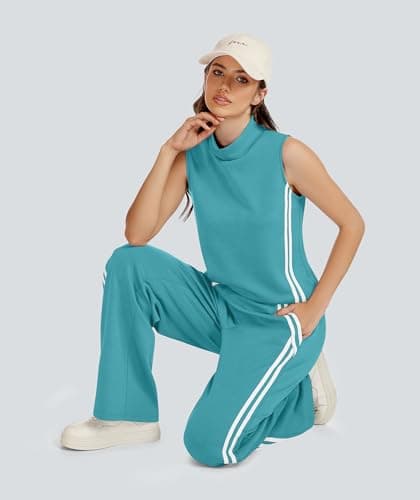 Casly Lamiit Lounge Sets for Women 2 Piece Casual Travel Outfits Matching Active Airport Sweatsuit Mock Neck Tops Wide Leg Track Pants Viridian Green L - Thumbnail 6