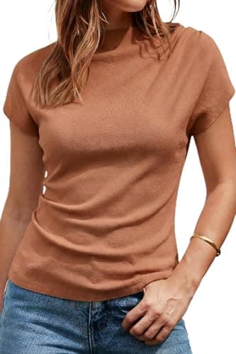 Arach&Cloz Womens Ruched Summer Tops Mock Neck Cap Sleeve Ribbed T Shirts Slim Fit Ladies Spring Sweaters Vacation Outfits Dressy Business Casual Short Sleeve Blouse Trendy Camel L - Image 1