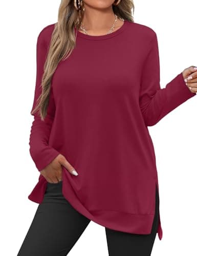 JUSTFASHIONNOW Womens Long Sleeve Crew Neck Shirts Side Split Lightweight Loose Tunic Tops Business Casual 2025 Clothes(Wine Red,X-Large) - Image 1