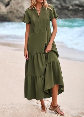 KIRUNDO Summer Maxi Dresses for Women 2026 Spring Fashion Short Sleeve Button V Neck Pleated Loose Tiered Swing Flowy Dress(Army Green, Large) - Thumbnail 3