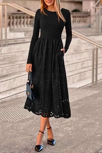 dowerme Women Spring Dresses 2026 Casual Long Sleeve Crewneck A-Line Boho Eyelet Cotton Maxi Wedding Guest Dress Pockets(Black,Small) - Thumbnail 6