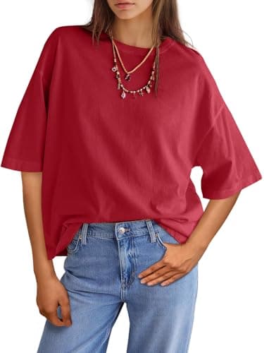 UNCLECAT Womens Oversized Short Sleeve T Shirts Summer Trendy Tops Casual Solid Crew Neck Loose Fit Basic Tees Red - Image 1