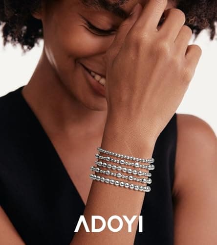 adoyi Silver Bracelets for Women Beaded Bracelet 14K Gold Plated Bracelet Stack Strand Stretch Bead Ball Bracelet Set Stackable Bracelet Adjustable Bracelet Set Jewelry for Women 7.25 inches - Thumbnail 3