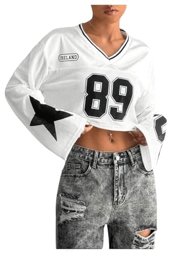 Milumia Women's Jersey Shirts Y2k Number Print Long Bell Sleeve Crop Tops Football Jersey White Medium - Image 1