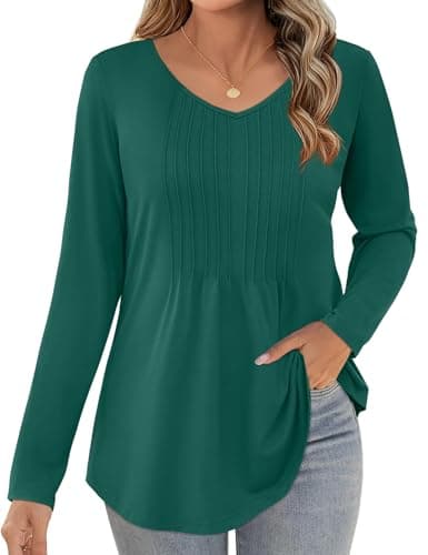 JUSTFASHIONNOW Long Sleeve Shirts for Women Fall Tops Pleated Plus Size Ladies Dressy Casual Blouses V Neck Christmas Loose Fit Tunic Tops to Wear with Leggings (Dark Green, X-Large) - Thumbnail 3