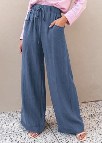 KIRUNDO Wide Leg Palazzo Pants for Women Summer High Waist Flowy Casual Trousers Lounge Pants Beach Vacation Travel Outfits (Dusty Blue, Small) - Thumbnail 4