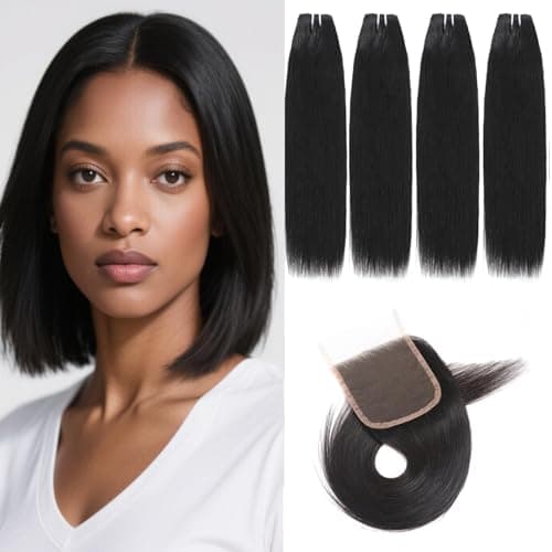 Human Hair Bundles Straight 4 Bundles with Closure 10A Unprocessed Human Hair Brazilian Virgin Hair Bundles 50g/Pcs Natural Black Hair Extensions(12"12"12"12"with 10"Closure) - Image 1