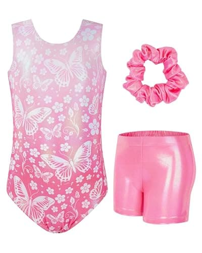 JiAmy Gymnastics Leotards for Girls, Sleeveless Sparkly Dance Biketards with Shorts Ballet Tumbling Outfit Pink Butterfly 11-12 years - Image 1