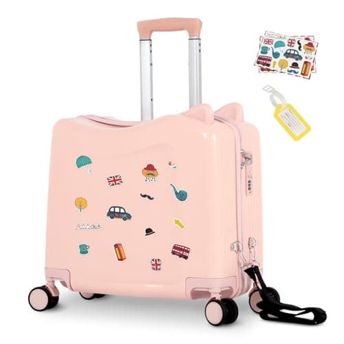 smilesun 20" Ride-On Travel Suitcase for Kids, Cute Ear Toddler Carry on Luggage with Spinner Wheels & Anti-Lose Rope, Children Rolling Trolly Luggage with Password Lock (Pink with Rope) - Image 1