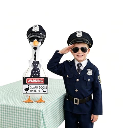yuboo 4Pcs Police Officer Porch Goose Outfit, Funny Guard Goose Clothes for 23 Inch Large Geese, Includes Hat Sunglasses Tie & Warning Sign, Spring Summer Yard Decor - Image 1