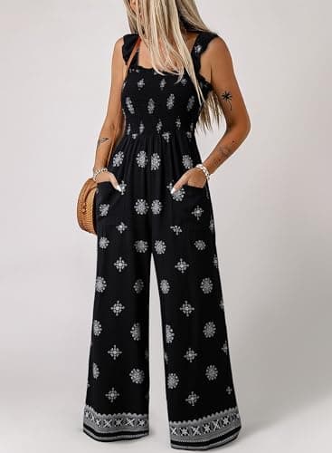 Dokotoo Floral Jumpsuits for Womens 2026 Ruffle Sleeves Cute Square Neck Maternity Jumper Smocked Waisted Wide Leg Pants Dressy Beach Vacation Cruise Outfits Plus Size with Pockets,Black Large - Thumbnail 2