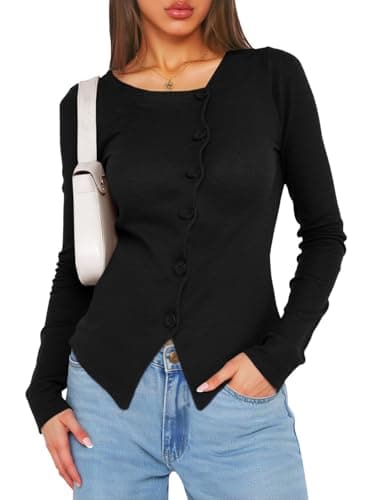 Cicy Bell Womens Long Sleeve Asymmetrical Tops Button Down Ribbed Fitted Cropped Shirts Trendy Fall Blouses Black - Image 1