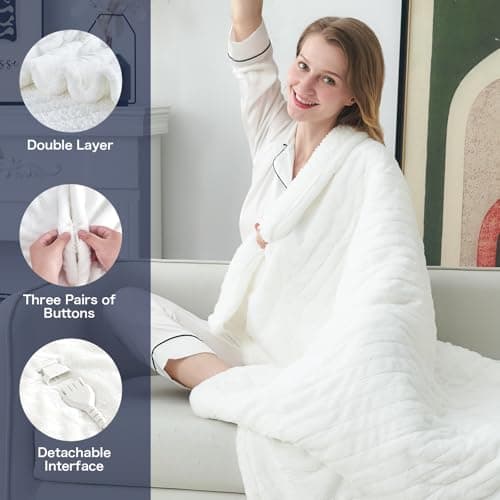 greenoak Heated Electric Blanket Throw, Faux Fur Sherpa Heating Blanket for Sofa Bed, Warm Winter Gifts for Women/Men, Heater Lap Blankets 5-Position Timer &10 Heating Levels 50''*60" Whtie - Thumbnail 2