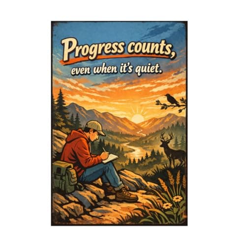 Progress Counts Even When It’s Quiet Tin Sign Vintage Inspirational Quote Metal Wall Decor Scenic Mountain Sunset Rustic Motivation Plaque Thoughtful Art For Home Office Cabin Study 8x12 Inch - Image 1