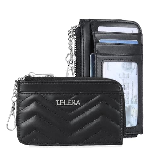 Telena Slim Wallet Women RFID Blocking Credit Card Holder Leather Coin Purse with Silver Keychain Black - Image 1