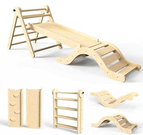 doowroodni Pikler Triangle Set 7in1 Toddler Climbing Toys Indoor Foldable Baby Climbing Toys Wooden Montessori Climbing Set with Arch, Ramp, Ladder for 1-3 Years, Jungle Gym for Kids (Natural) - Image 1