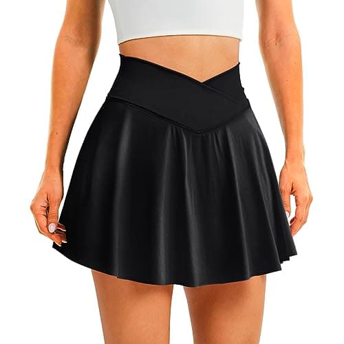 DLOODA Womens Tennis Skirt with Pockets Shorts Crossover High Waisted Athletic Skorts Skirts for Golf Running Workout (Black L) - Image 1