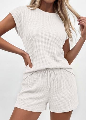 KIRUNDO Waffle Knit Short Sets For Women 2026 Summer Two Piece Cap Sleeve Lounge Set Matching Drawstring Vacation Outfits(White, Medium) - Thumbnail 2