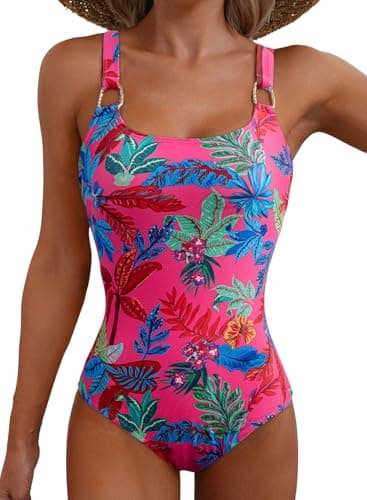 Herseas Women's Metal Ring Wide Straps U Neck One Piece Swimsuit Floral Print Tummy Control Cute Bathing Suit Moderate Coverage Vacation Clothes for Teens X-Large - Image 1