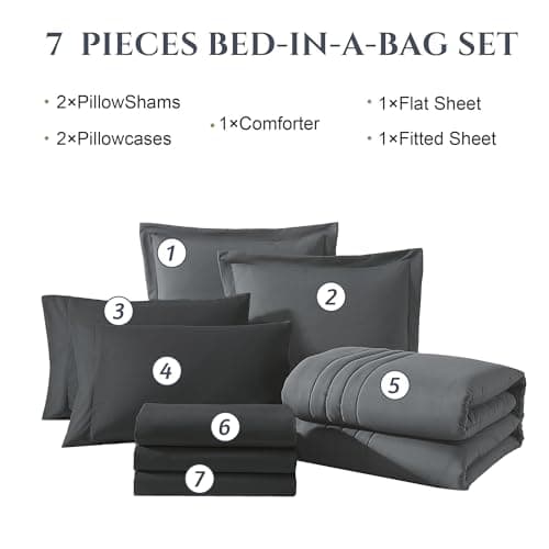 Monbix California King Size Comforter Set - 7 Pieces Bed in a Bag California King, Grey Bedding Sets with Comforter, All Seasons Comforter Bed Set with Sheets, Pillowcases & Shams - Thumbnail 6