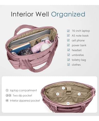 Tote Bag for Women with Zipper, Quilted Puffer Tote Bag with Compartments, Lightweight Puffy Work Bags for Women Travel (Mauve Pink - Thumbnail 4