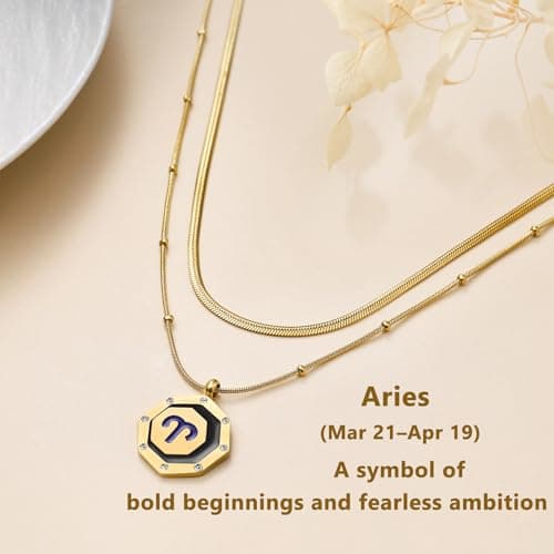 LETFLY Aries Zodiac Necklace for Women, 18K Gold Plated Octagon Shaped Pendant with Cubic Zirconia Adjustable Layered Snake Chain for Womens Jewelry Gifts - Thumbnail 5