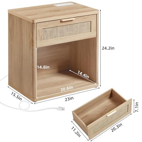 LEYAOYAO Rattan Nightstands Set of 2 with Charging Station, 23" Wide Boho Night Stand with Drawer, Natural Wood Bedside Table Open Cabinet, Bed Side End Table Dresser for Bedroom, Living Room, Hallway - Thumbnail 3