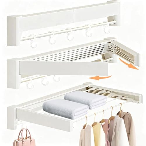 UBVIF Wall Mounted Clothes Drying Rack 27 inches,Foldbale Laundry Drying Rack 6 Rods,Hidden Drying Rack Clothing,Retractable,Collapsible,Screws Needed Folding Laundry Rack (White, Medium)