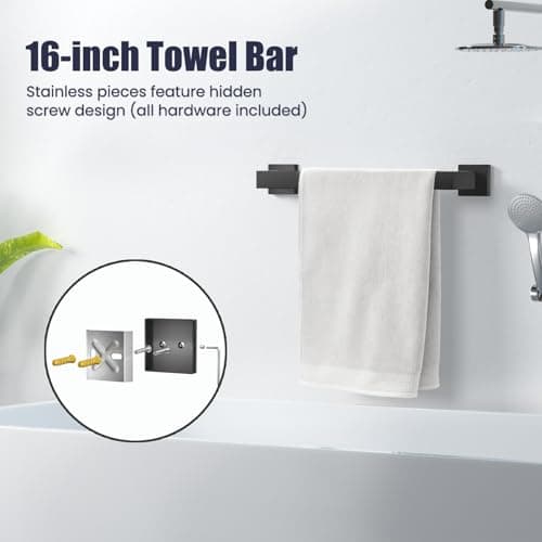 UPRONE Bathroom Hardware Accessories Set: 7-Pieces Bath Towel Bar Set, Towel Racks for Bathroom Wall Mounted, SUS304 Stainless Steel, Matte Black - Thumbnail 2