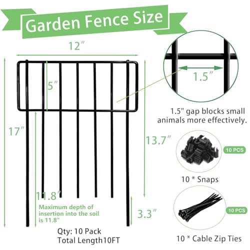 Thrivinest 10 Pack Animal Barrier, No Dig Decorative Fence, 17in(H) x10ft(L) Rustproof Metal Small Garden Fence Border for Dogs Rabbits, Bottom Blocker for Outdoor Yard Patio - Thumbnail 2