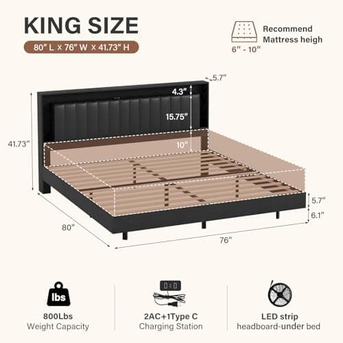 Belffin Floating Bed Frame King Size with LED Lights & Charging Station, Wooden Headboard with Hidden Storage and Faux Leather Backrest, Easy Cleaning, No Box Spring Needed, Noise-Free, Black - Thumbnail 2