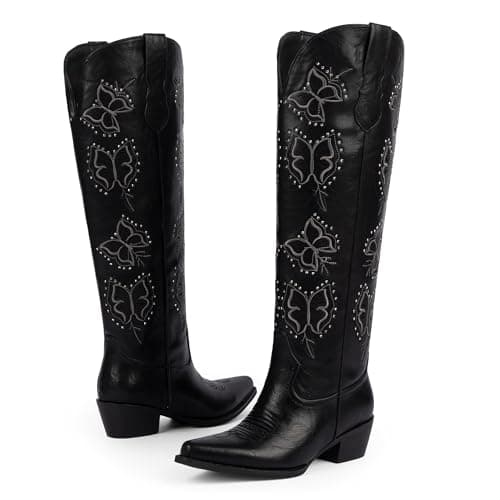 Easyfox Black Cowboy Boots for Women Rhinestone Knee High Cowgirl Boots Chunky Heel Butterfly Embroidered Western Boot Pointed Toe Slip on Block Heel Cow Girl Boot Size 11 - Thumbnail 6