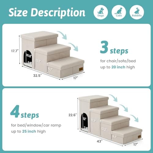 Dog Stairs with Storage, 4-Step Wider Sturdy Dog Steps for Small/Medium/Large Dogs and Older Cats, Doggie Ramp with Condo for Bed/Couch/Car Hold Up to 180 lbs (22.6" H, Beige) - Thumbnail 2