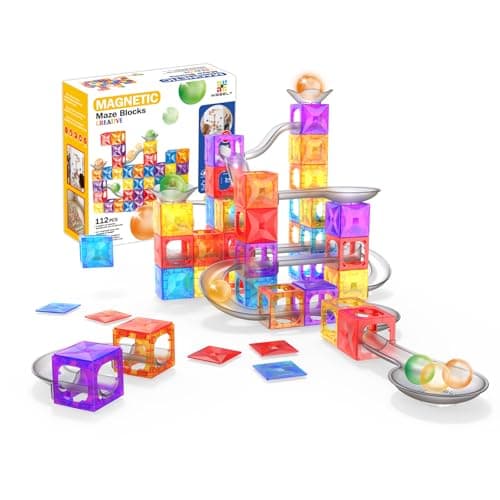 MIEBELY Magnetic Tiles, 112 PCS Magnetic Maze Building Blocks Toy for Kids with Glowing Ball, Magnet Marble Run Set, STEM Education Toddler Toy Building Block Gifts for Boys and Girls 3 4 5 6 7 8 9 - Image 1