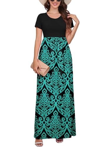 DEARCASE Women Floral Maxi Dress Flower Blue Green Medium Round Neck Boho Short Sleeve Sundresses A-line Casual Hawaiian Flowy Party Spring Summer Vacation Beach Long Dresses with Pockets - Image 1