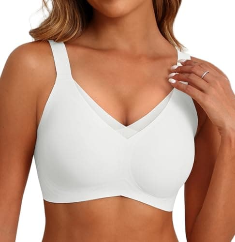 SHIJIALI Wireless Push Up Bra V Mesh Detail Wide Straps Seamless Comfort Support Lift Full Coverage Everyday Bralettes White, Size XL - Image 1