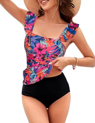 Kate Kasin Womens Bathing Suits Two Piece Tankini Set Swimsuit for Women Sleeveless Square Neck Ruched Padded Swim Tops with Briefs Swimwear Deep Pink Floral M - Image 1