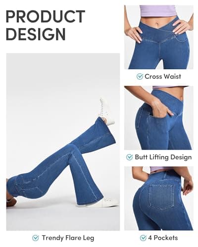 IUGA Stretchy Jeans for Women Bell Bottom Jeans V Cross High Waisted Jeggings Pull On Wide Leg Sweatpant Jean Flare Leggings(Stormy Blue, Medium) - Thumbnail 4
