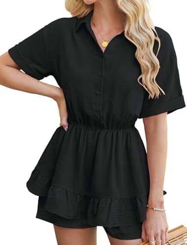 Angashion Womens Summer Shorts Romper: Self Tie V Neck Layer Ruffle Hem Romper Dress with Pockets 2492Black Large - Image 1