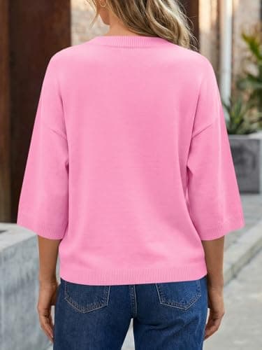 Saodimallsu Womens Short Sleeve Cardigan Sweaters Crew Neck Button Down Lightweight Casual Summer Knit Tops Pink - Thumbnail 5