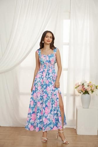 GRACE KARIN Summer Floral Dress for Women 2026,Off the Shoulder Smocked Bridesmaid Dresses,Formal Baby Shower Maxi Dresses Blue Pink S - Thumbnail 2